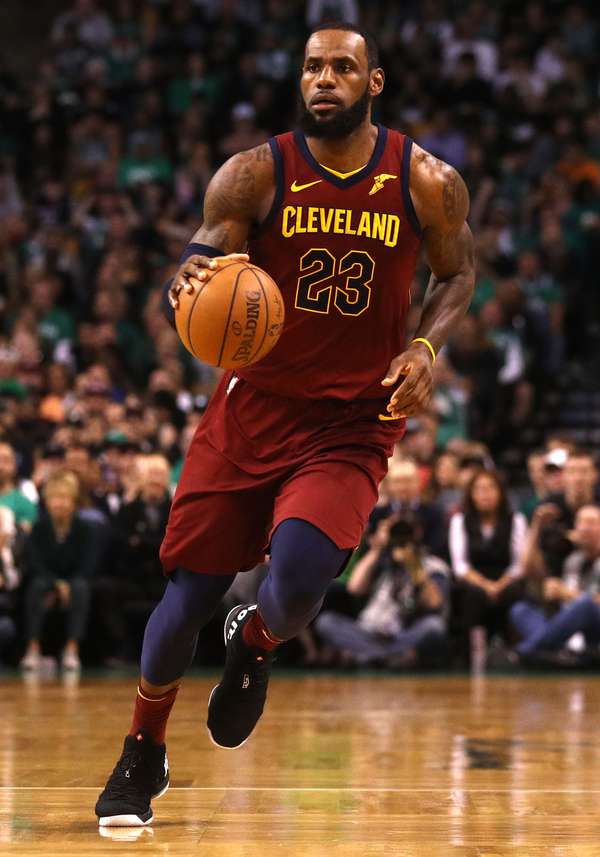 American basketball player LeBron James of the Cleveland Cavaliers in a game against the Boston Celtics during the Eastern Conference Finals of the 2018 NBA Playoffs, TD Garden, May 13, 2018, Boston, Massachusetts.