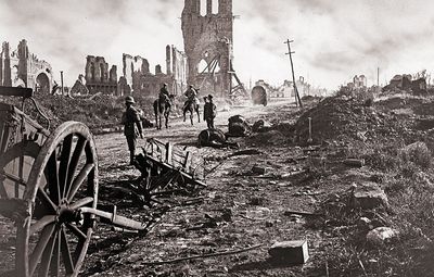Photograph shows the ruins of the Cloth Hall after the Battle of Ypres during World War I in Ypres, West Flanders, Belgium, September 29, 1918.