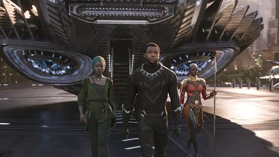 Publicity still from the motion picture film "Black Panther' with (from left) Lupita Nyong'o, Chadwick Boseman, and Danai Gurira (2018); directed by Ryan Coogler. (cinema, movies)