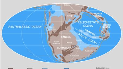 Paleogeography and paleoceanography of Early Triassic time. The present-day coastlines and tectonic boundaries of the configured continents are shown at the lower right. Continents, continental drift, plate tectonics, Pangea, Laurussia, Gondwana.