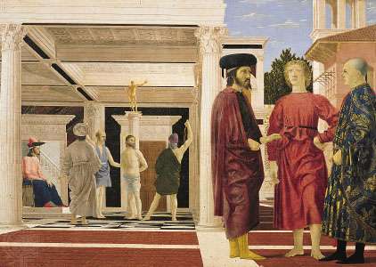 Flagellation of Christ, tempera on wood panel by Piero della Francesca, late 1450s; in the National Gallery of the Marches, Urbino, Italy.