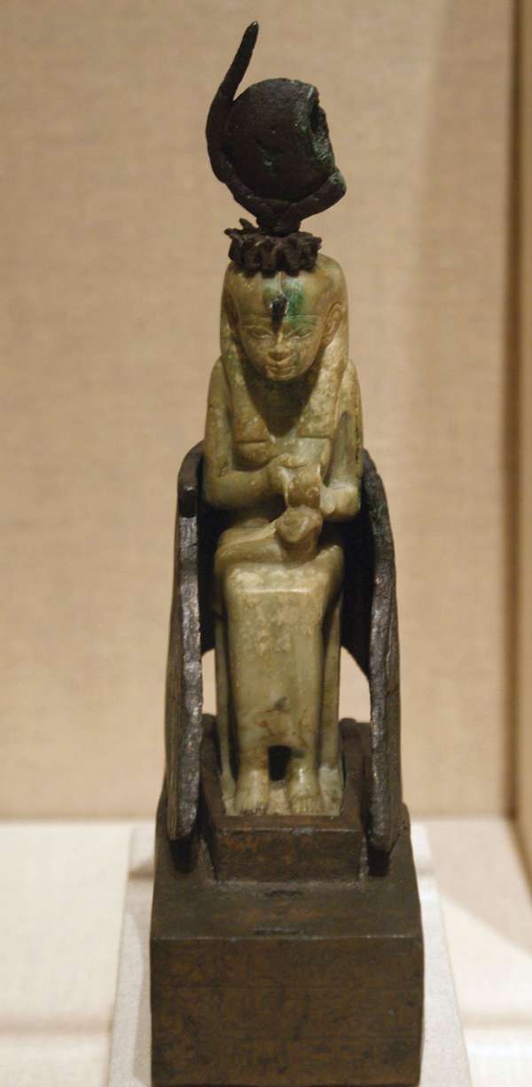 Isis nursing Horus, calcite and bronze sculpture from Egypt, c. 712-525 BC; in the Brooklyn Museum, New York.