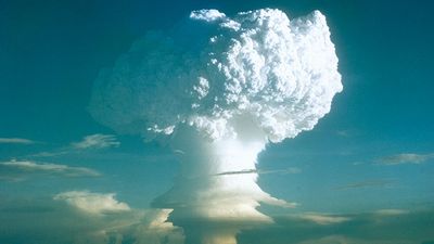Thermonuclear hydrogen bomb, code-named MIKE, detonated in the Marshall Islands in the fall of 1952. Photo taken at a height of 12,000 feet, 50 miles from the detonation site. (Photo 3 of a series of 8) Atomic bomb explosion nuclear energy hydrogen energy
