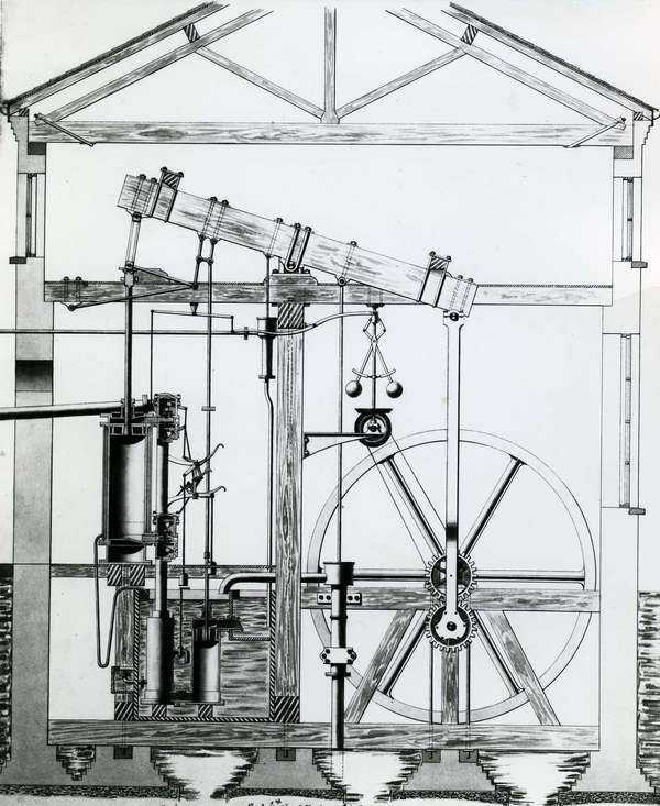 James Watt&#39;s rotative steam engine with sun-and-planet gear, original drawing, 1788. In the Science Museum, London.