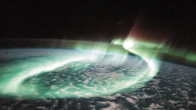 Aurora Australis (the Southern Lights) shows sinous looping band of airglow above the Earth Limb, taken by space shuttle Discovery, May 6, 1991.
