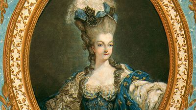 Portrait of Marie Antoinette by Jean-Francois Janinet, 1777. Color etching and engraving with gold leaf printed on two sheets, 30x13.5 in.