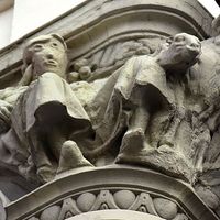 Sculpture of woman before restoration (left) and after restoration on the exterior of an office building in Palencia, Spain. (art restoration)
