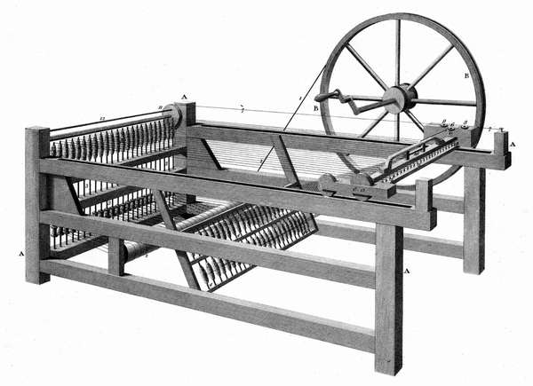 Spinning jenny textile machine; from an undated copperplate engraving. (woolen manufacture)
