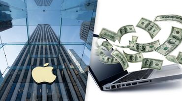 Composite image with the Apple logo and money flowing from a computer.
