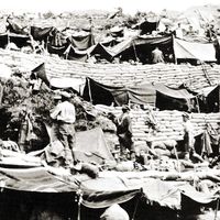 ANZAC troops set up camps on the Gallipoli Peninsula (now in Turkey) during World War I.